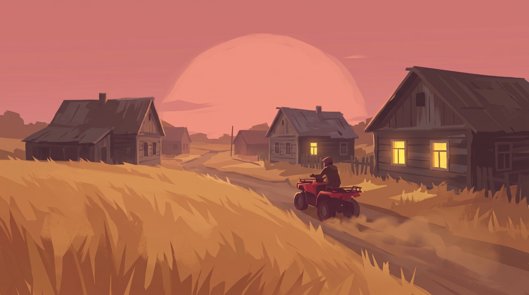 Illustration in the game's key-art style: the quad rides a dirt lane into a dead village at dusk, two windows glowing warm under a giant rose sun.