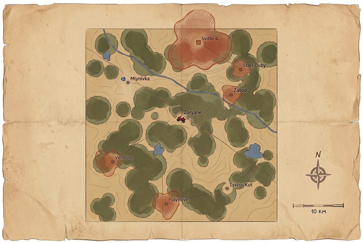 Hand-drawn expedition map of the Zone on aged paper, redrawn from the in-game map: forests, the river, four lakes and the Mlynivka millpond, Zoryane at the centre with a small red quad, Mlynivka and Tykhyi Kut, and five red zones — Svitlo-4, Stari Duby, Zavod, Verbove and Polynove.