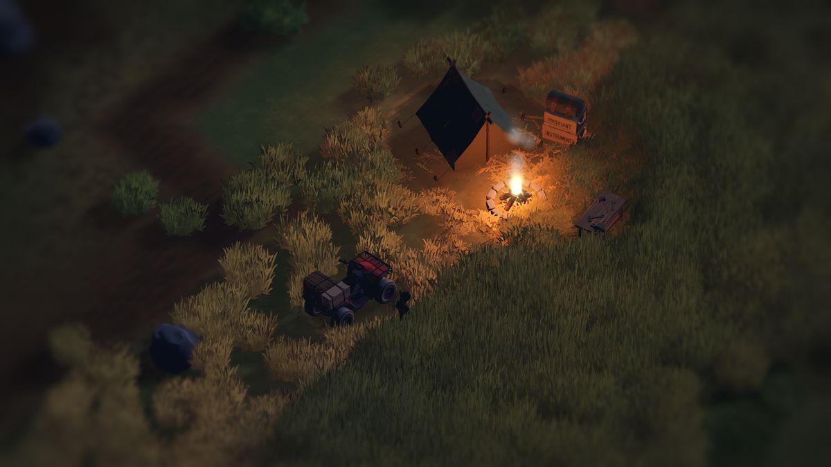 At night a campfire lights a small camp in tall grass — a tent, supply crates and a workbench — with the rider beside her parked quad.