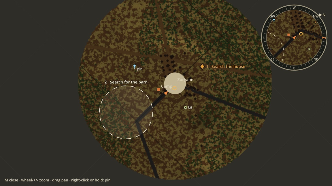 The in-game big map, a circular paper-and-forest chart centred on Zoryane, with an amber diamond labelled "1 · Search the house", a dashed search circle labelled "2 · Search for the barn", a camp square, a player pin, and the compass minimap in the corner repeating the markers.