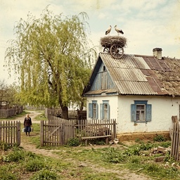A painted print in the game's journal art: a whitewashed cottage with blue shutters and a tin roof, a willow by the gate, a stork's nest on the ridge, a small figure on the path.