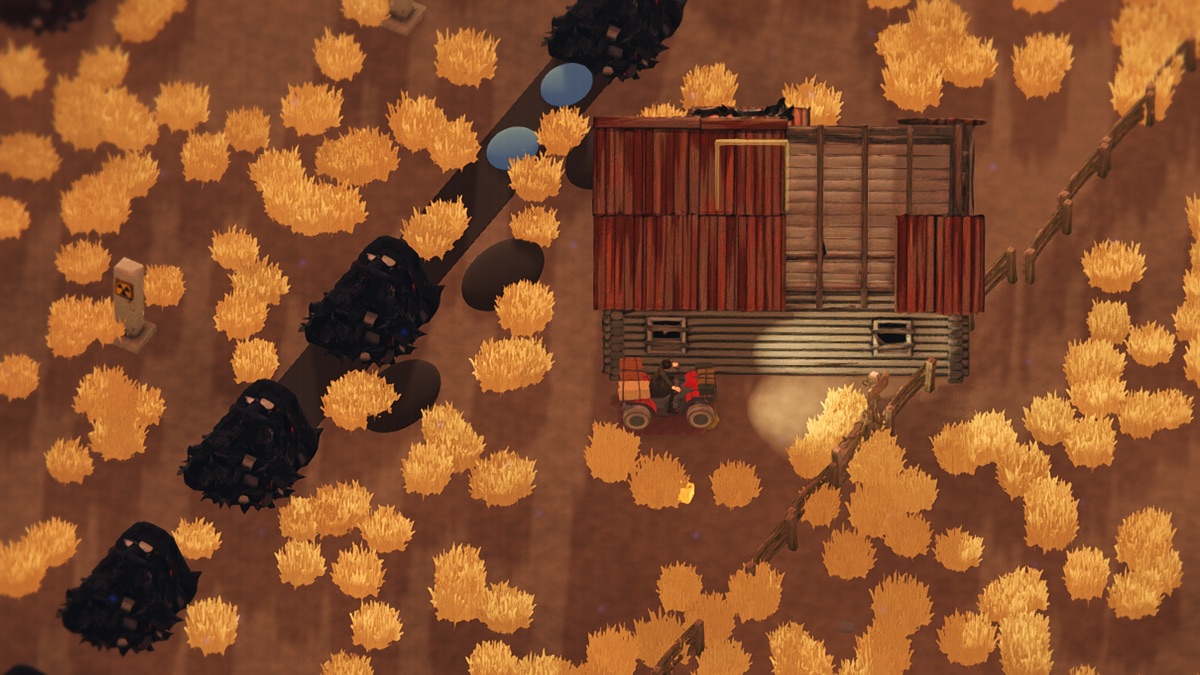 Top-down view of Polynove's Disposal Yard on red-brown ground: a freshly dug trench running diagonally past black mounds, two buried canister lids showing as pale blue discs, a red-roofed log house and the quad bike parked beside it.