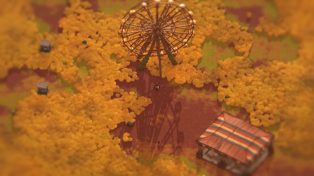A rusted Ferris wheel casts a long shadow across red earth and golden grass at golden hour, the quad bike parked at its foot beside a striped pavilion.