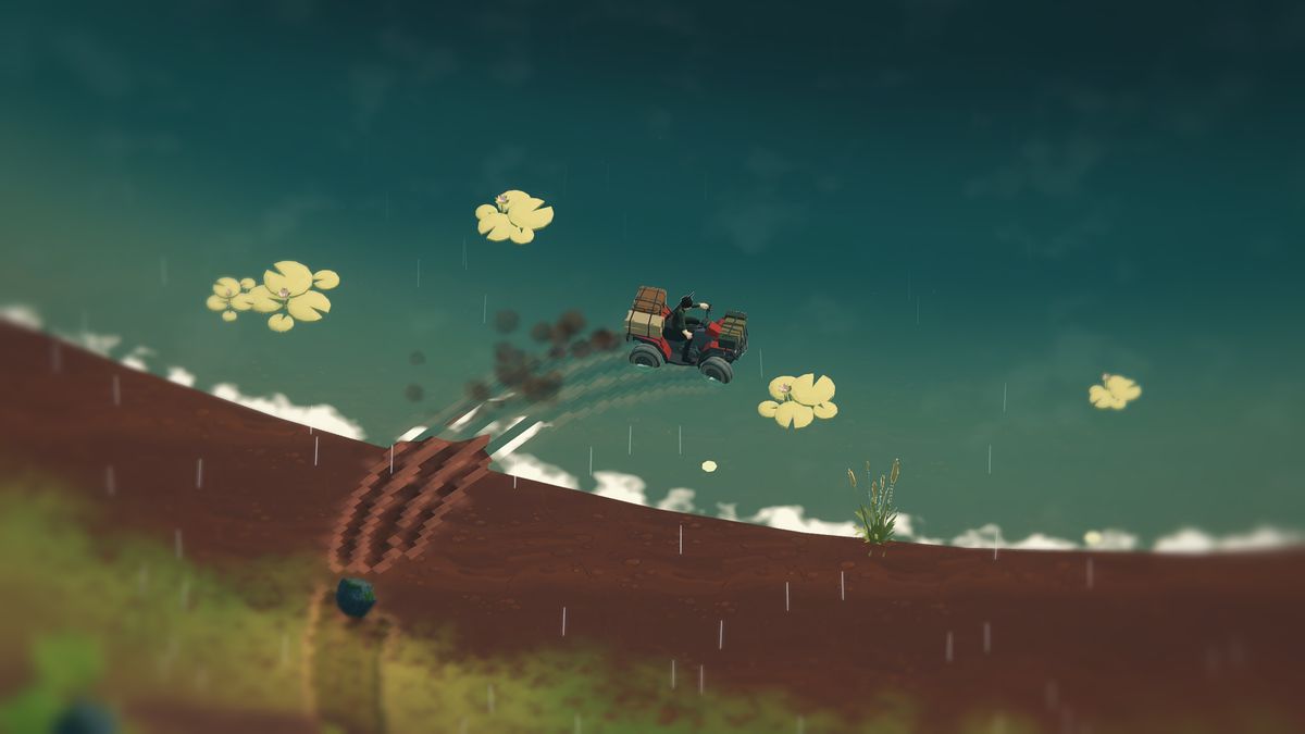 In the rain the quad bike swings through lake shallows throwing mud clods, curved wake and fresh ruts behind it on the red-brown bank.