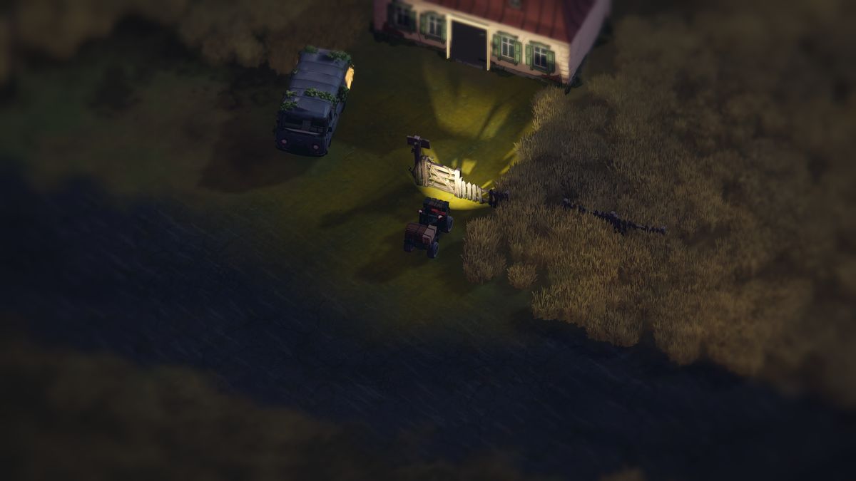 At night the quad's headlight lights a wooden gate and the cream front of a brick house with green shutters, a wrecked van beside the yard.