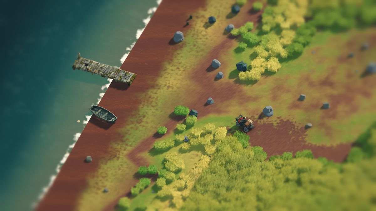 Midday on the lake bank: the quad bike parked on the grass above a wooden pier and a beached rowboat beside teal water.