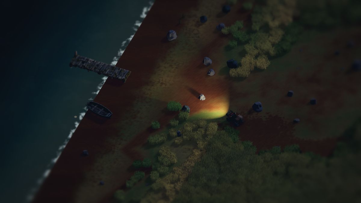 The same lake bank at night: the quad's headlight throws a warm pool onto the grass and mud while the pier and rowboat sit dark beside deep blue water.