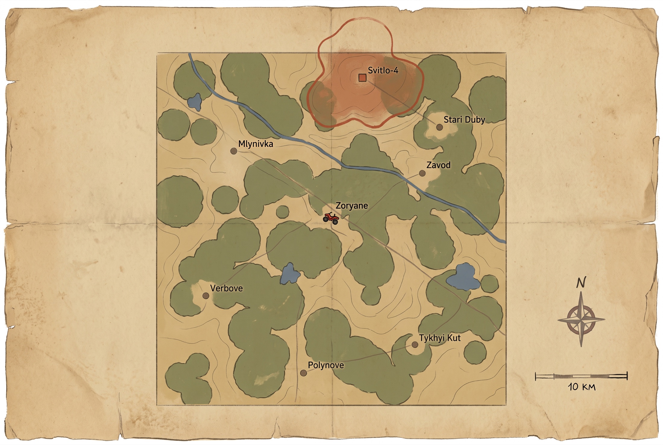 Hand-drawn expedition map of the Zone on aged paper: forests, the river, lakes, seven marked settlements, the red exclusion ring around the Svitlo-4 power station, and a small red quad marker at Zoryane.